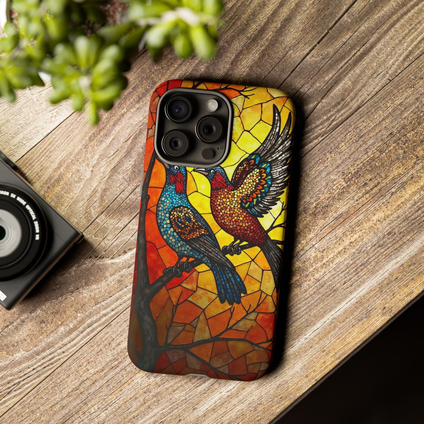 Vibrant Hummingbirds with Stained Glass Charm