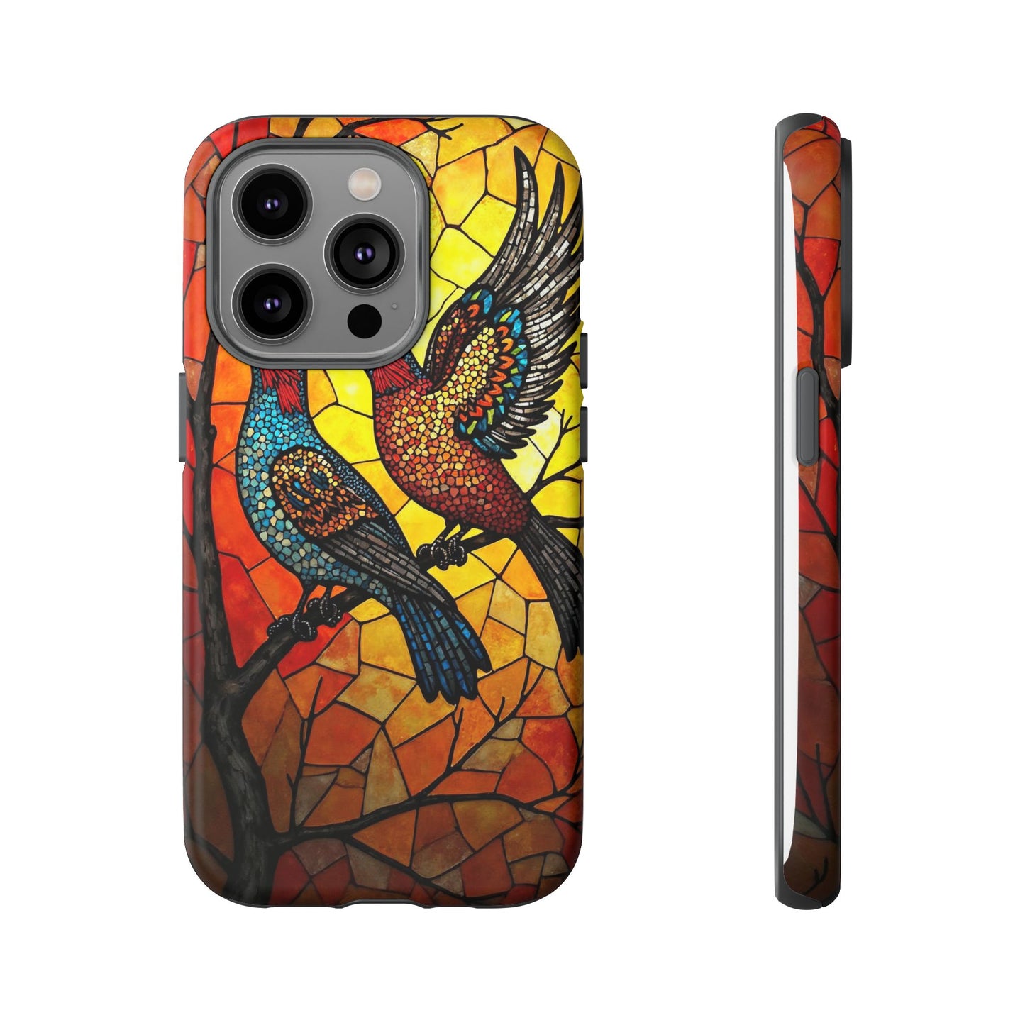Vibrant Hummingbirds with Stained Glass Charm