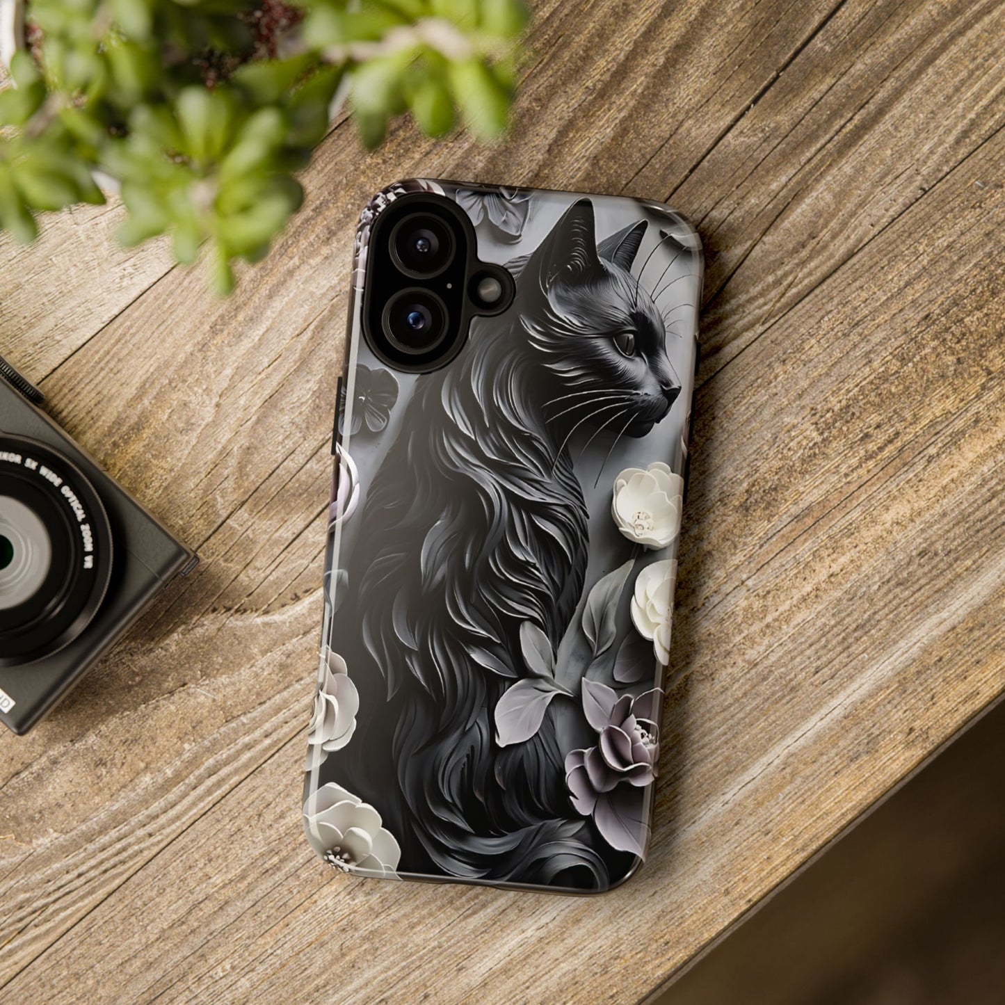 Intricate Bas-Relief Sculpture Of Black Cat Among Flowers phone case design