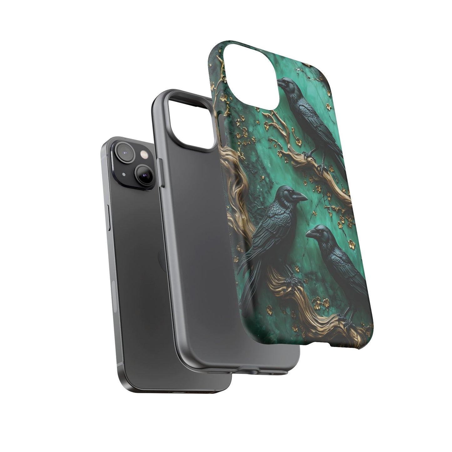 Three Black Ravens Perched On Gold-Accent Branches phone case design