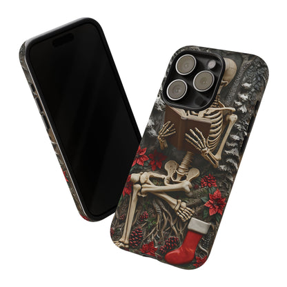 Surreal Relief Sculpture of Skeleton Reading Amidst Festive Decor phone case design