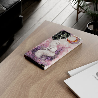 Whimsical White Fox Surrounded By Lavender And Pink Blooms phone case design.