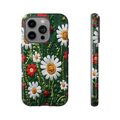 Intricate Embroidered Fabric Featuring Daisies And Ladybugs phone case design