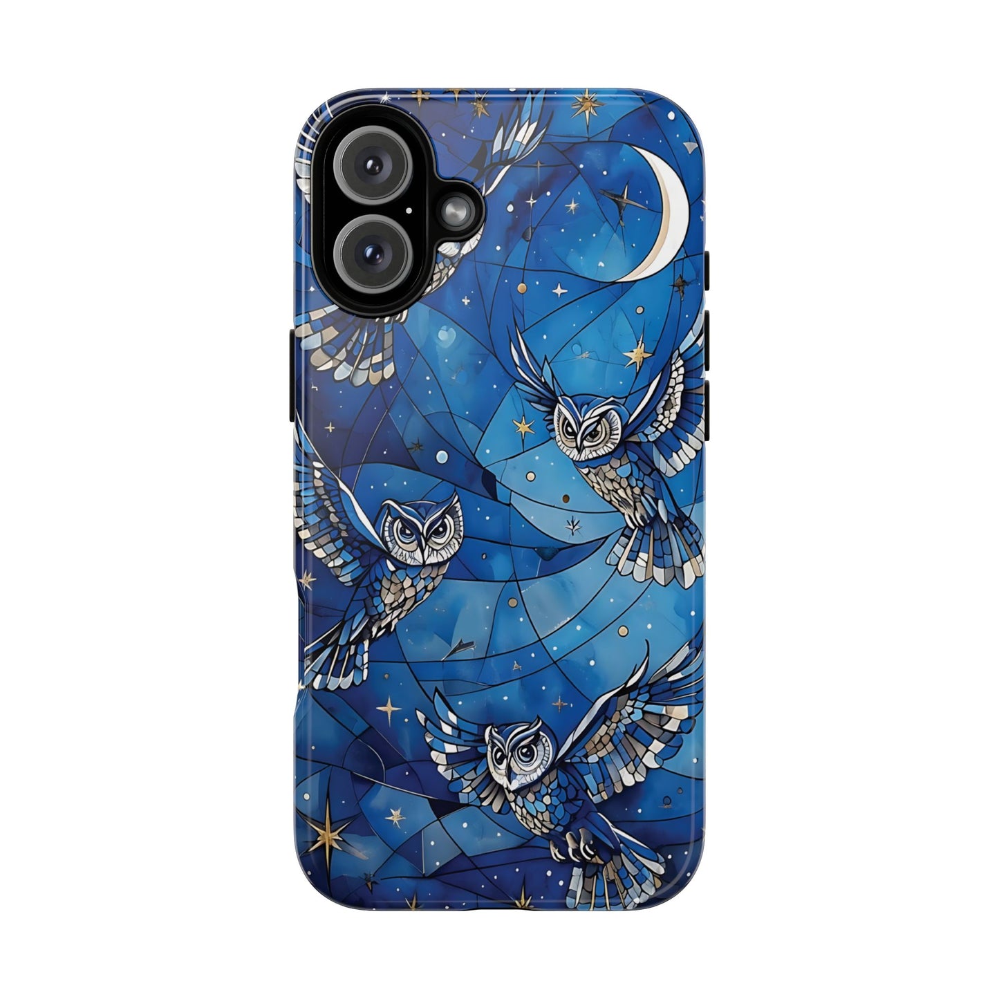 Surrealistic Owls Soaring Through A Celestial Night Sky phone case design.
