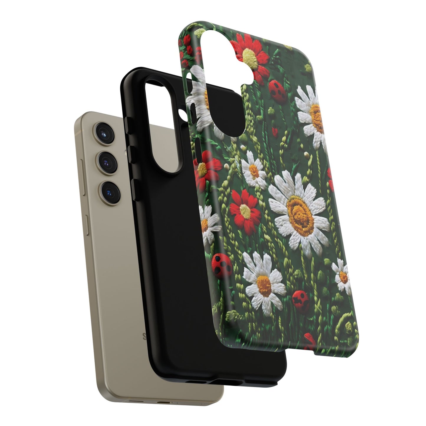 Intricate Embroidered Fabric Featuring Daisies And Ladybugs phone case design
