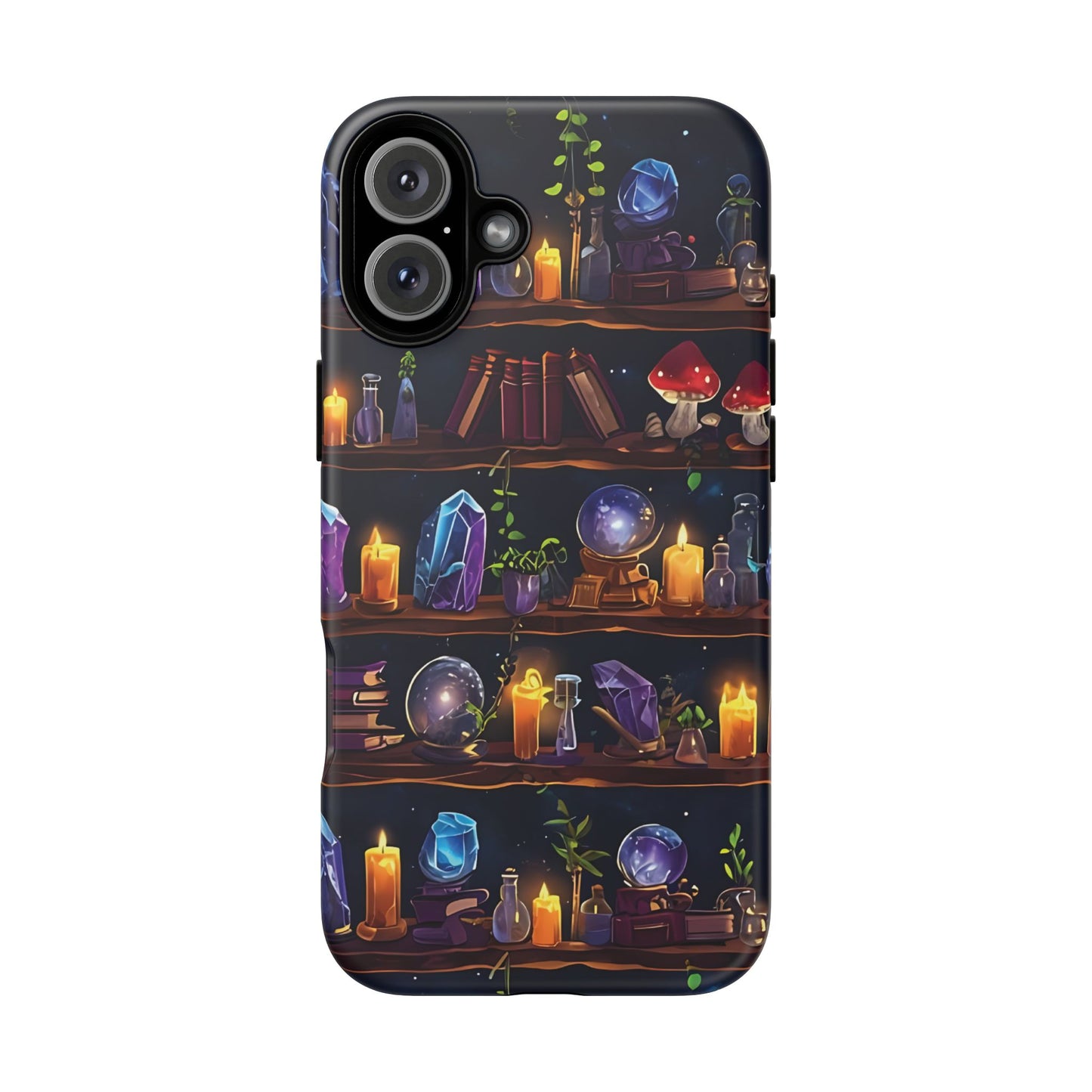 Fantasy Seamless Pattern Of Wooden Shelves Filled With Mystical Items phone case design.