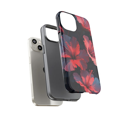Vibrant red and pink hibiscus flowers blooming against a dark background| Floral phone case design