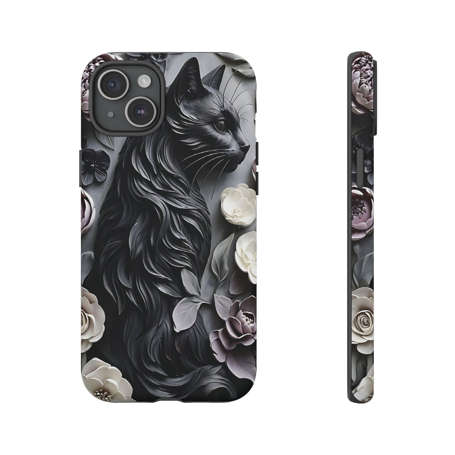 Intricate Bas-Relief Sculpture Of Black Cat Among Flowers phone case design