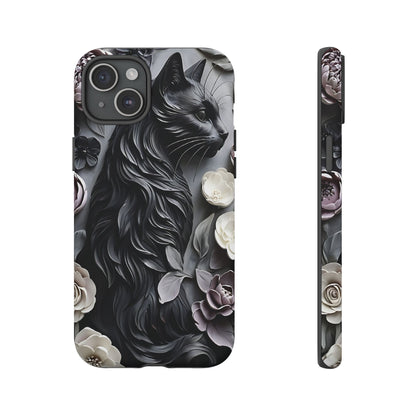Intricate Bas-Relief Sculpture Of Black Cat Among Flowers phone case design