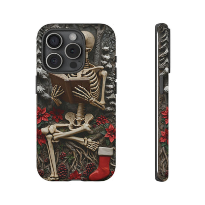 Surreal Relief Sculpture of Skeleton Reading Amidst Festive Decor phone case design