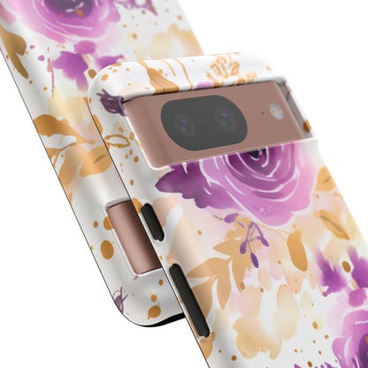 Purple Bloom Watercolor Mobile Case – Artistic Elegance in Gold & Lilac