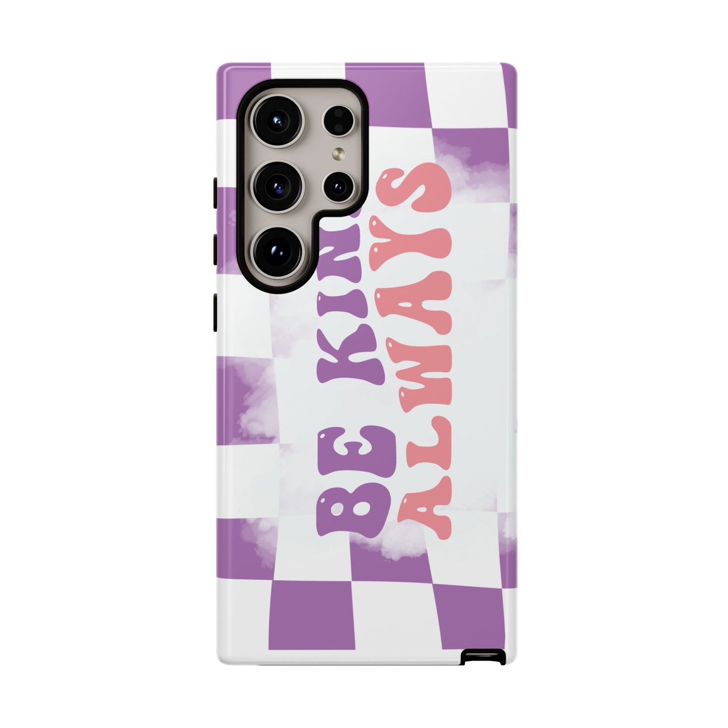 Be Kind Always Phone Case, Motivational Quote Cover for iPhone, Samsung & Google Pixel White Purple Checkered Pattern Phone Cover, Wavy Text Case, Kindness Phone Case, Inspirational Gift