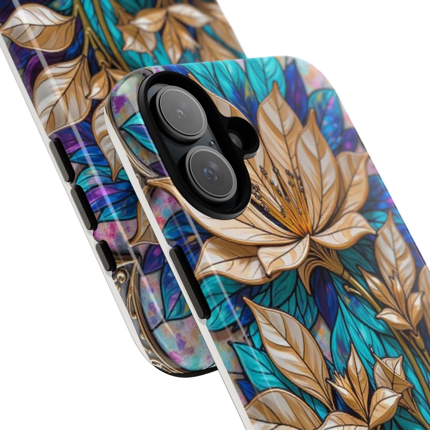 Majestic Golden Blossoms on Mosaic Blue Splendor