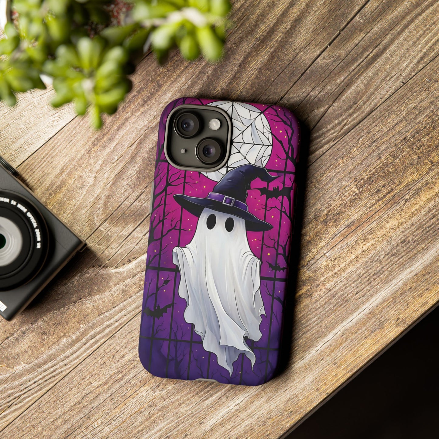 Stylized Halloween Illustration of a Ghost in Stained Glass  phone case design.