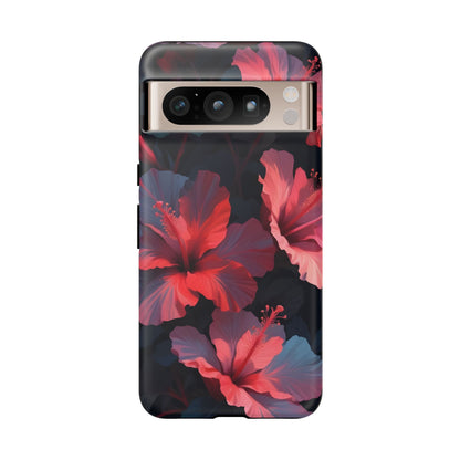 Vibrant red and pink hibiscus flowers blooming against a dark background| Floral phone case design