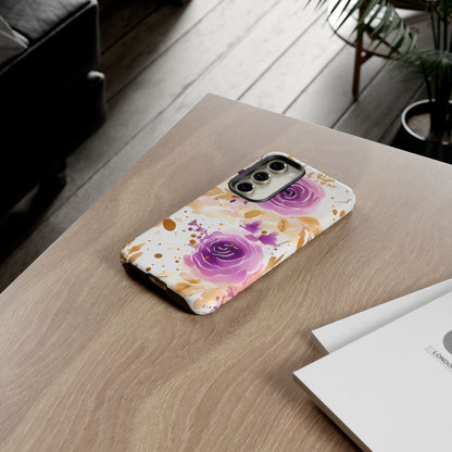 Purple Bloom Watercolor Mobile Case – Artistic Elegance in Gold & Lilac