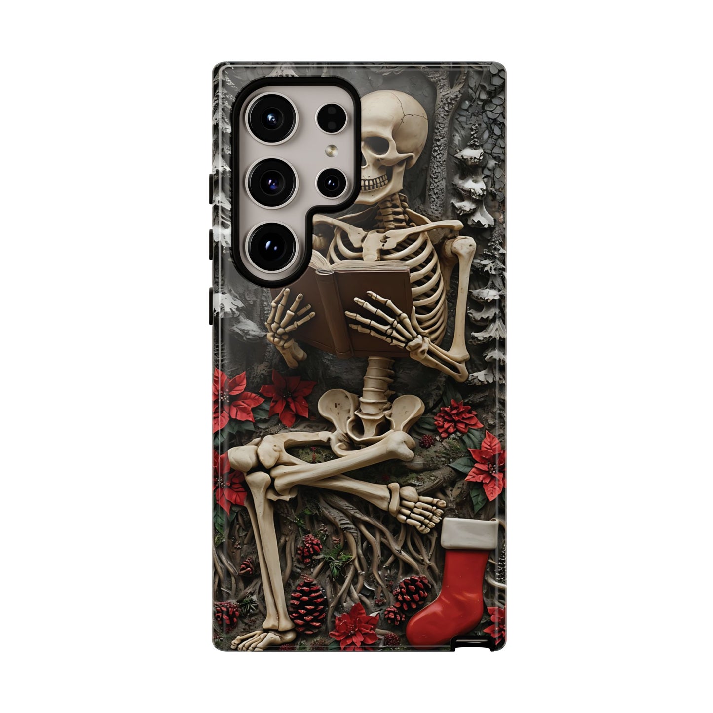 Surreal Relief Sculpture of Skeleton Reading Amidst Festive Decor phone case design