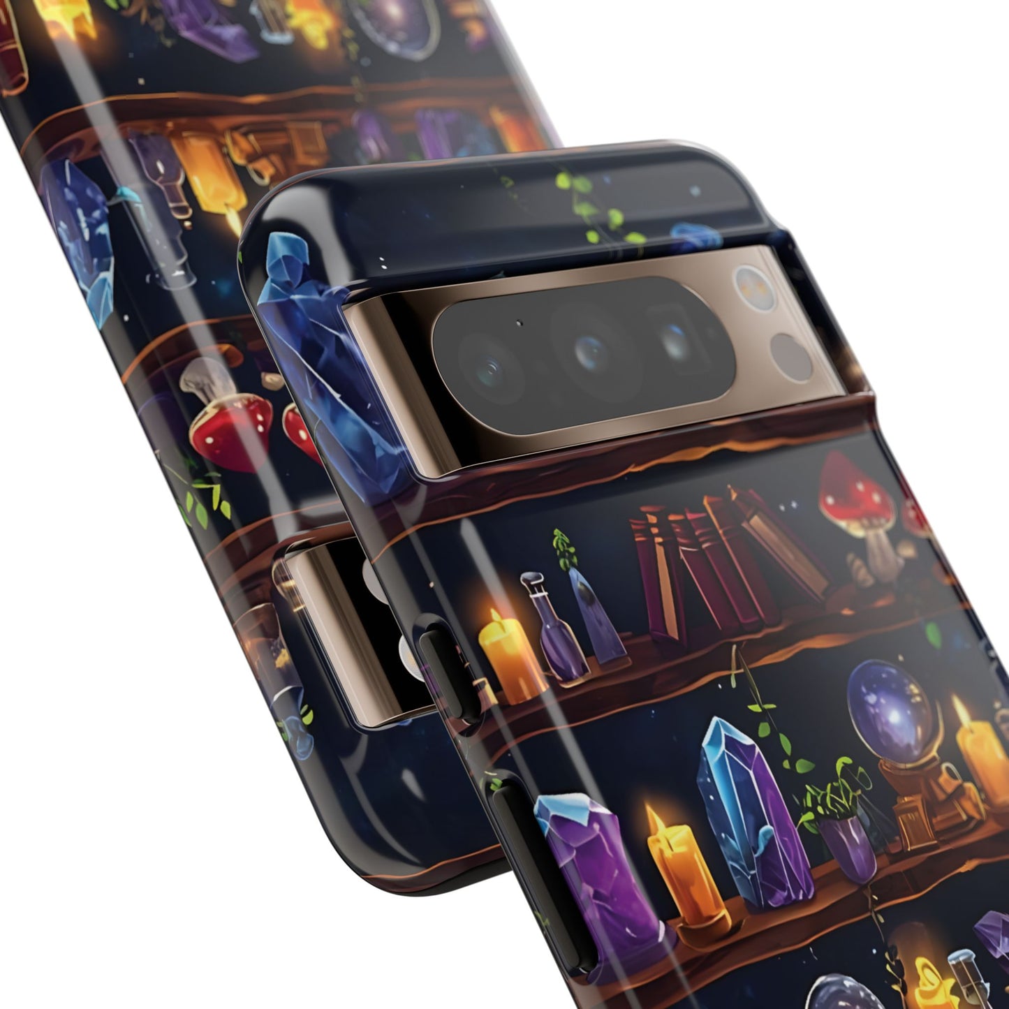 Fantasy Seamless Pattern Of Wooden Shelves Filled With Mystical Items phone case design.