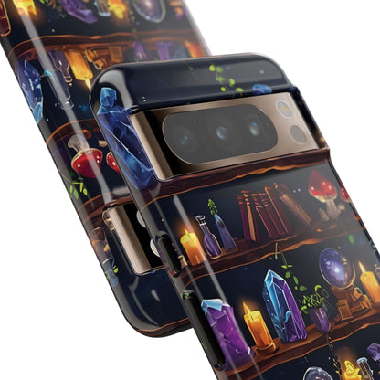 Fantasy Seamless Pattern Of Wooden Shelves Filled With Mystical Items phone case design.
