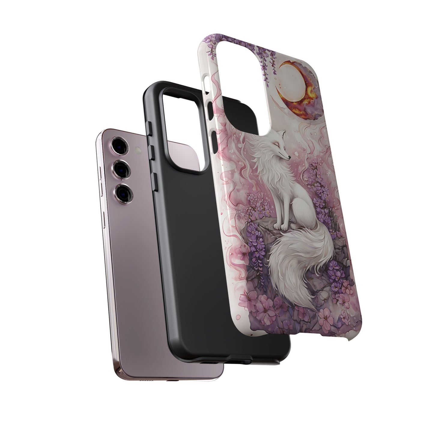 Whimsical White Fox Surrounded By Lavender And Pink Blooms phone case design.