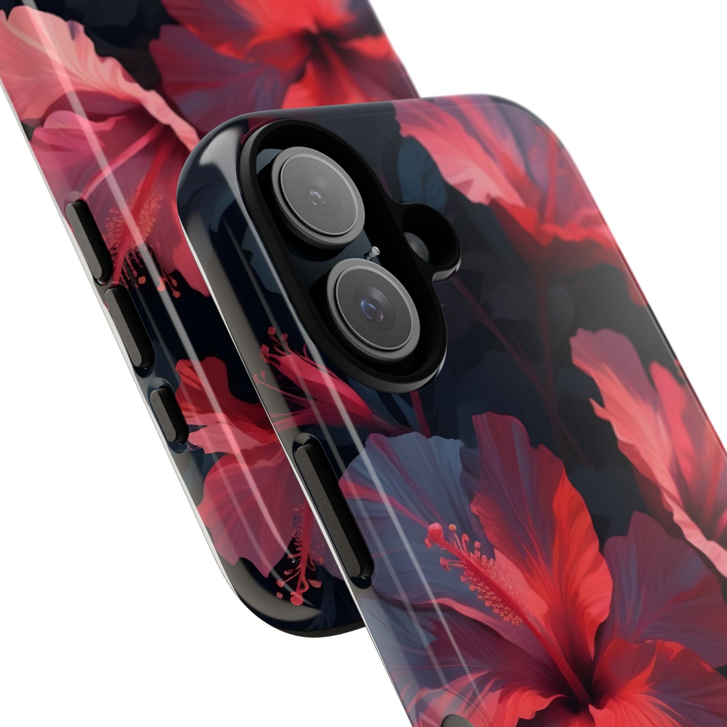 Vibrant red and pink hibiscus flowers blooming against a dark background| Floral phone case design