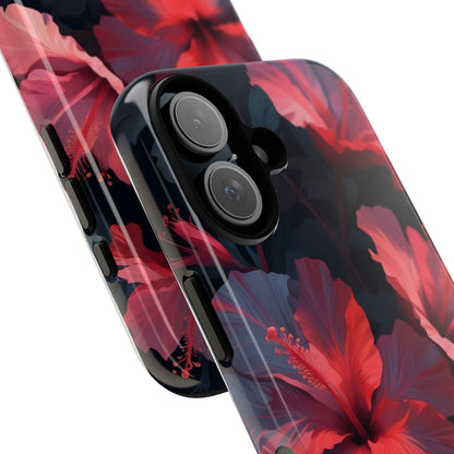 Vibrant red and pink hibiscus flowers blooming against a dark background| Floral phone case design