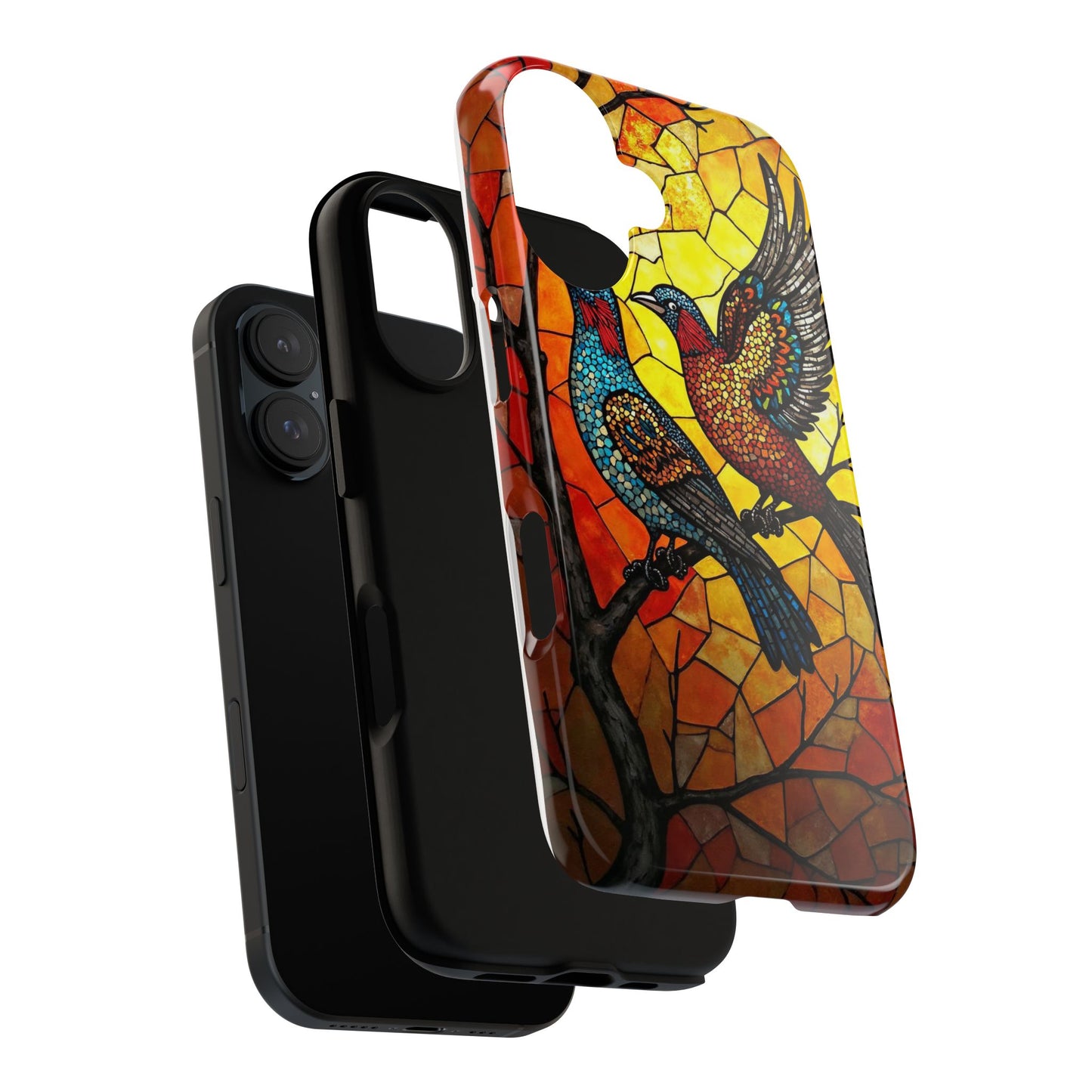Vibrant Hummingbirds with Stained Glass Charm