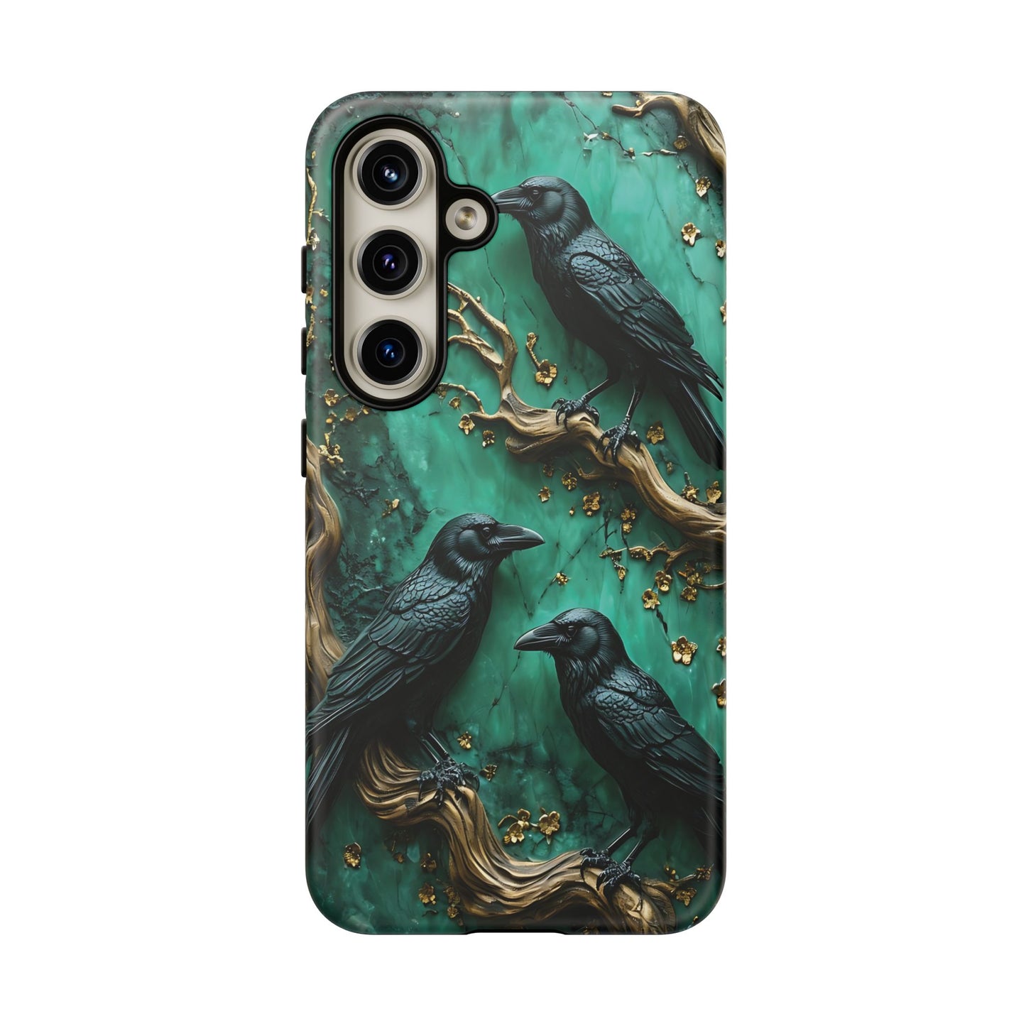 Three Black Ravens Perched On Gold-Accent Branches phone case design
