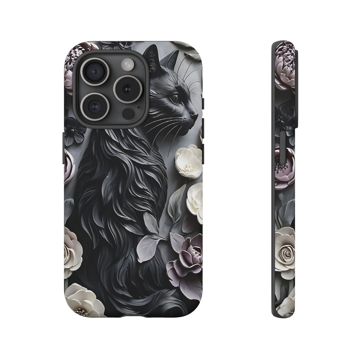 Intricate Bas-Relief Sculpture Of Black Cat Among Flowers phone case design