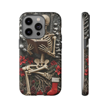 Surreal Relief Sculpture of Skeleton Reading Amidst Festive Decor phone case design