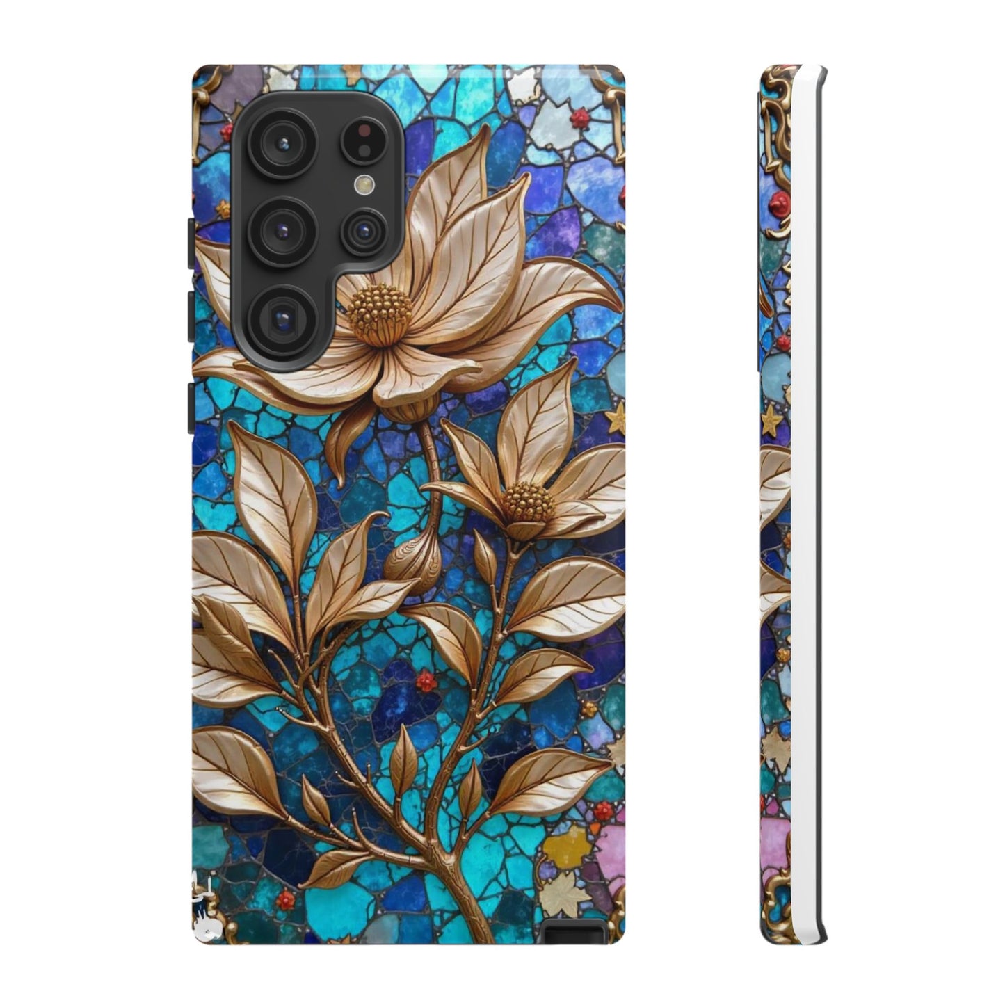 Golden Blossoms on Mosaic Blue Elegance