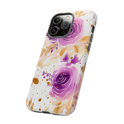 Purple Bloom Watercolor Mobile Case – Artistic Elegance in Gold & Lilac