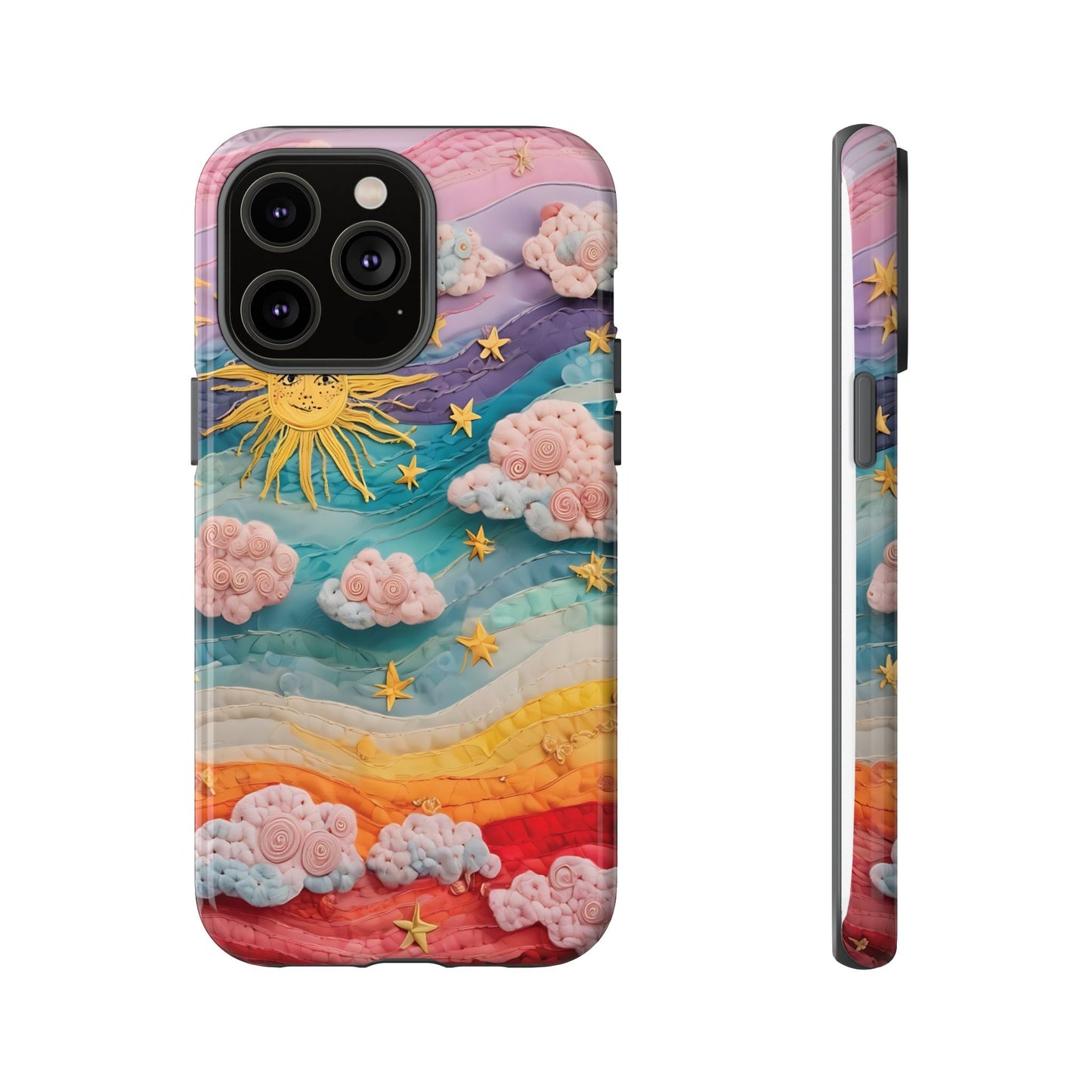 Whimsical Fiber Art Sky Scene With Dynamic Stripes And Clouds phone case design.