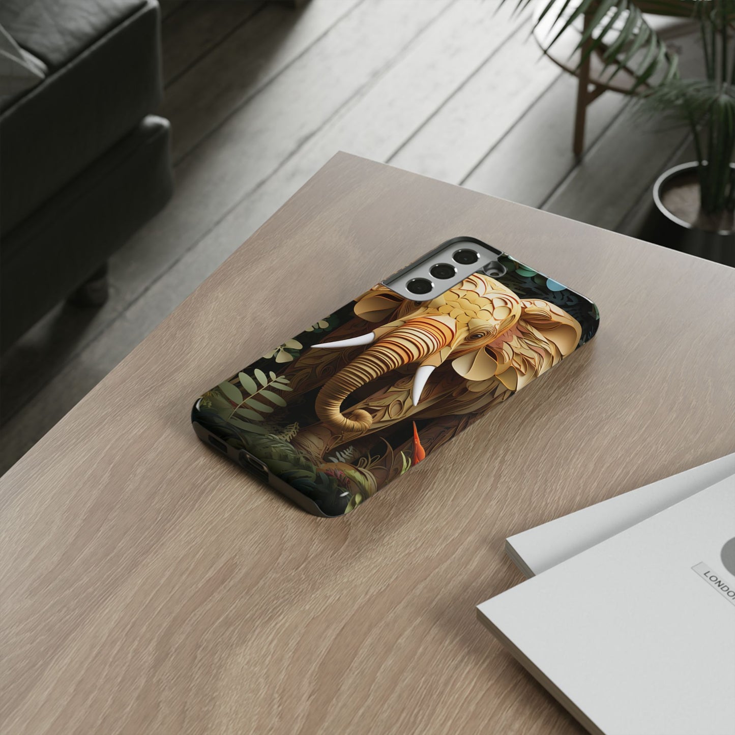 Golden Jungle Elephant Mobile Cover – Intricate Paper Art Design