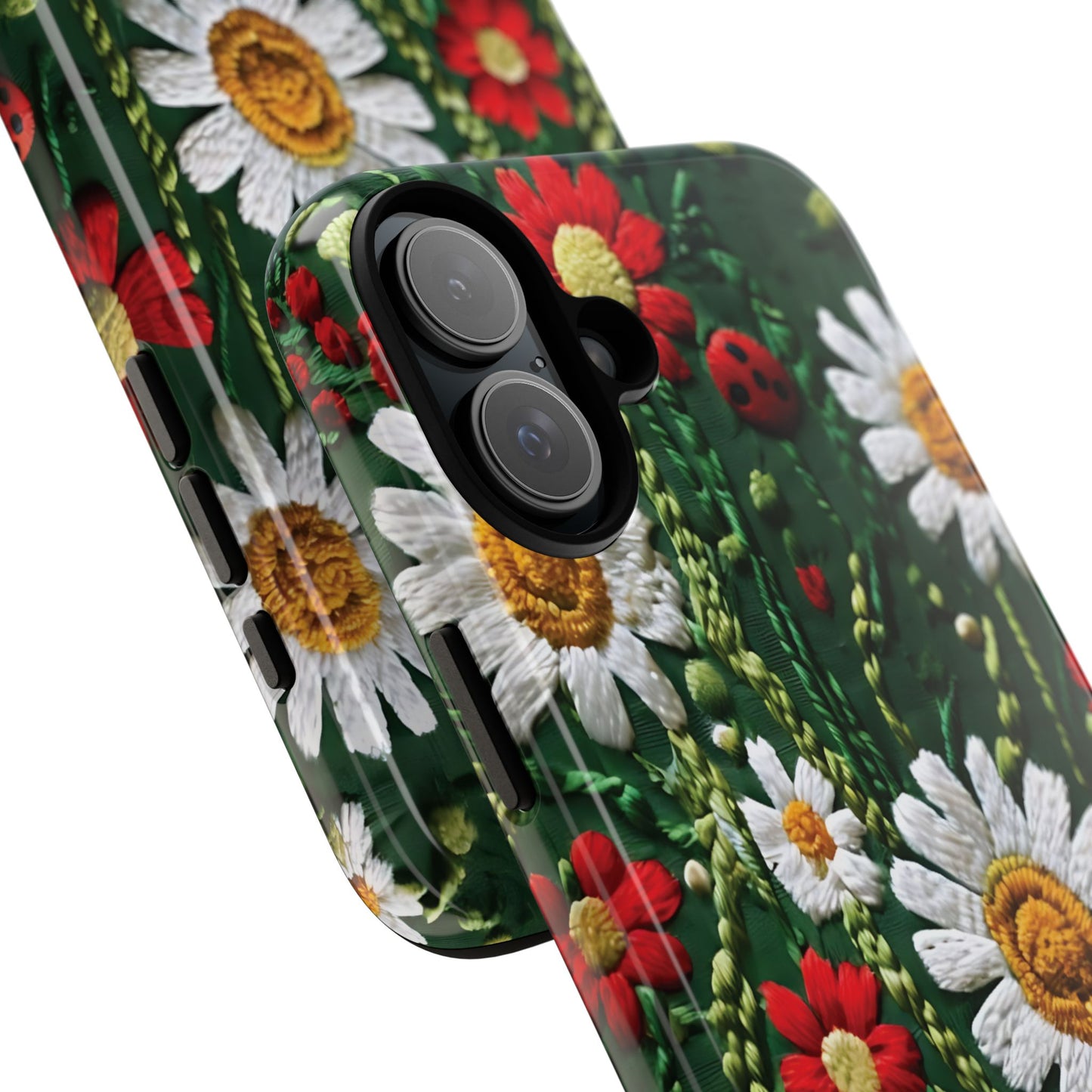 Intricate Embroidered Fabric Featuring Daisies And Ladybugs phone case design
