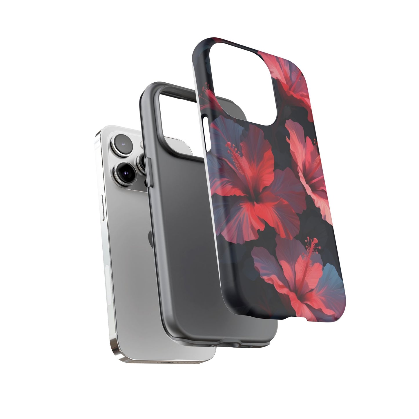 Vibrant red and pink hibiscus flowers blooming against a dark background| Floral phone case design