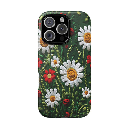 Intricate Embroidered Fabric Featuring Daisies And Ladybugs phone case design