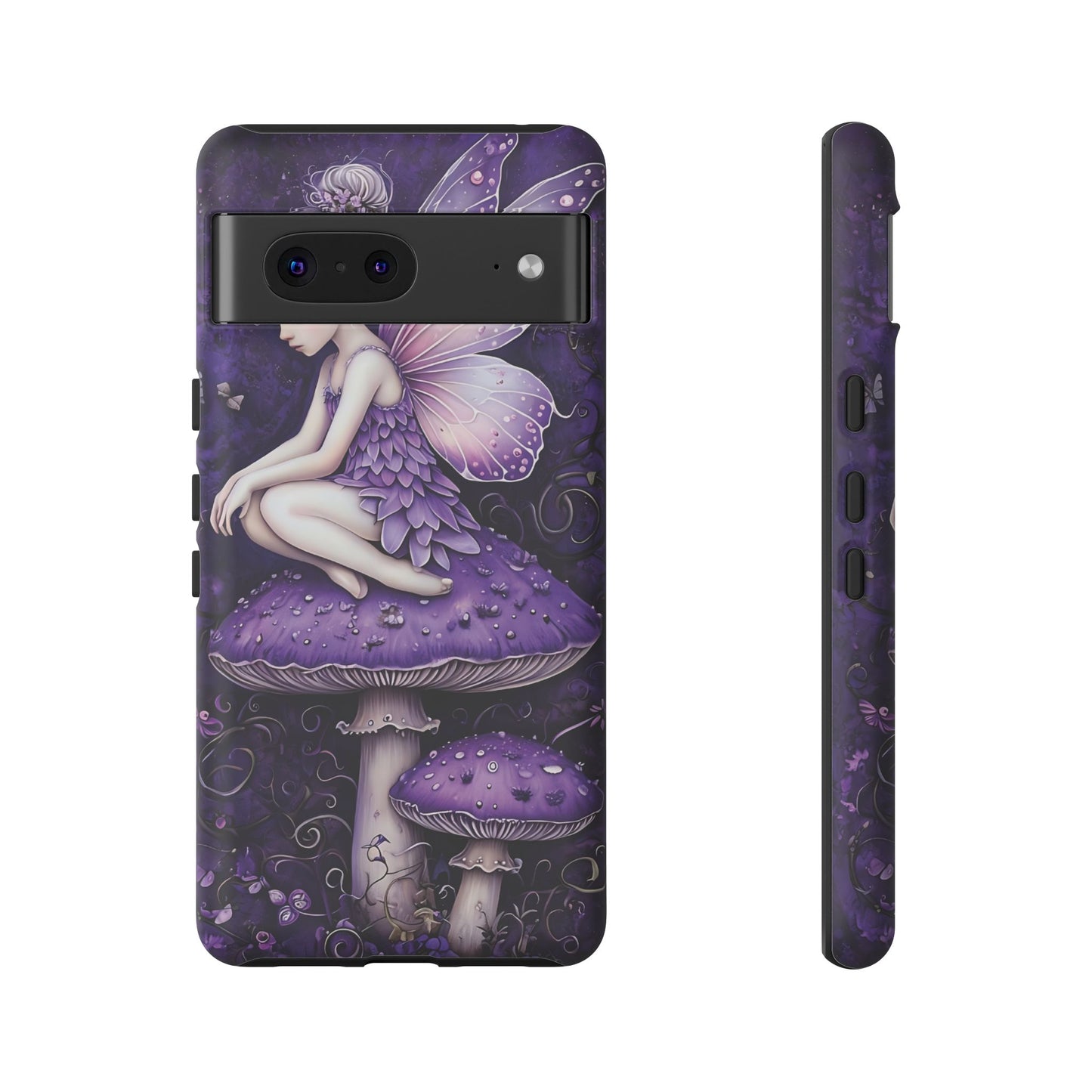 Whimsical Fairy Seated On Purple Mushroom In Enchanting Scene phone case design.