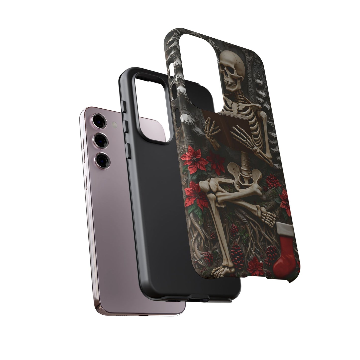 Surreal Relief Sculpture of Skeleton Reading Amidst Festive Decor phone case design