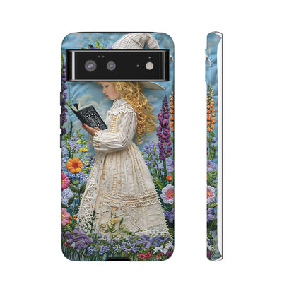 Whimsical Embroidery Of A Girl Reading In A Garden phone case design.