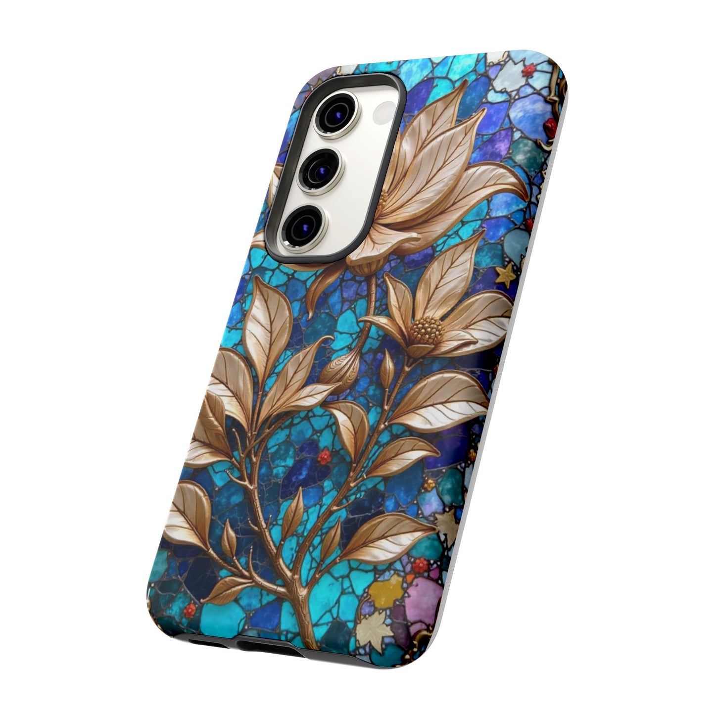 Golden Blossoms on Mosaic Blue Elegance