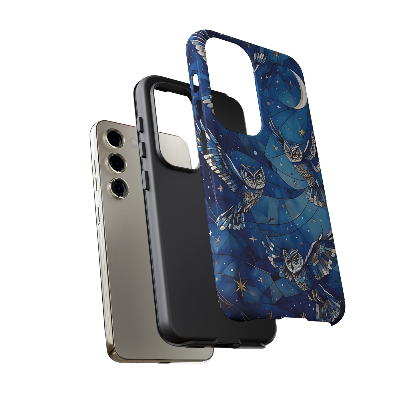 Surrealistic Owls Soaring Through A Celestial Night Sky phone case design.
