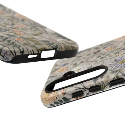 Intricate Embroidery Artwork Featuring Botanical Elements On Beige phone case design.