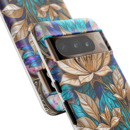 Majestic Golden Blossoms on Mosaic Blue Splendor