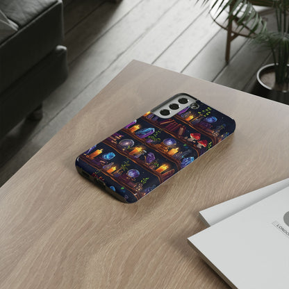 Fantasy Seamless Pattern Of Wooden Shelves Filled With Mystical Items phone case design.