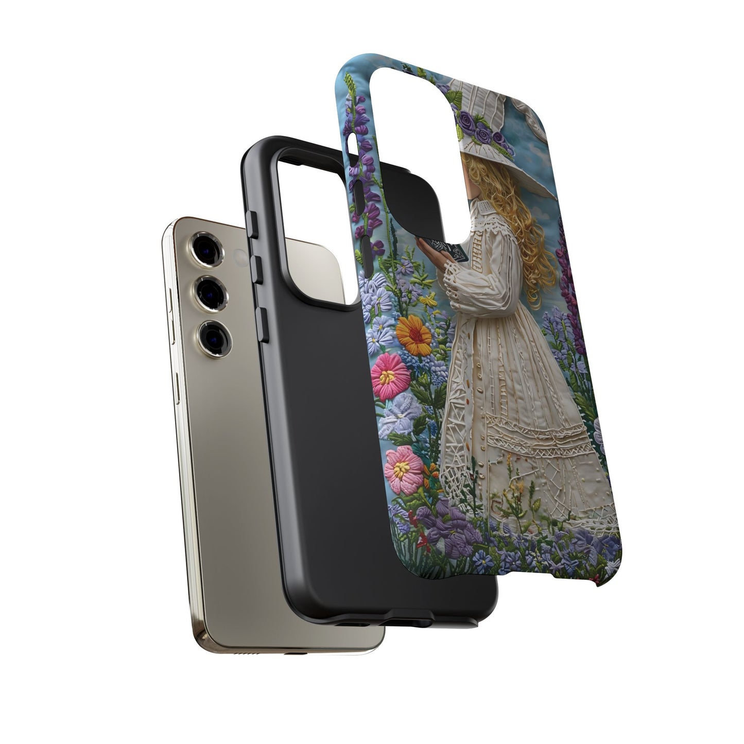 Whimsical Embroidery Of A Girl Reading In A Garden phone case design.