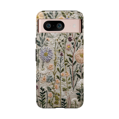 Intricate Embroidery Artwork Featuring Botanical Elements On Beige phone case design.