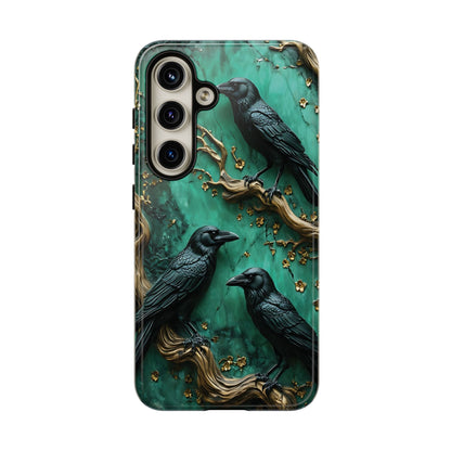 Three Black Ravens Perched On Gold-Accent Branches phone case design