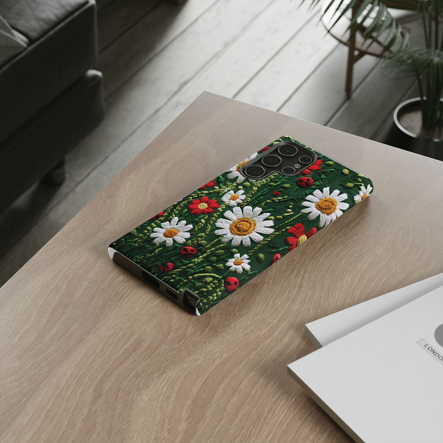 Knitted Pattern With Diamonds And Festive Motifs On Navy phone case design.