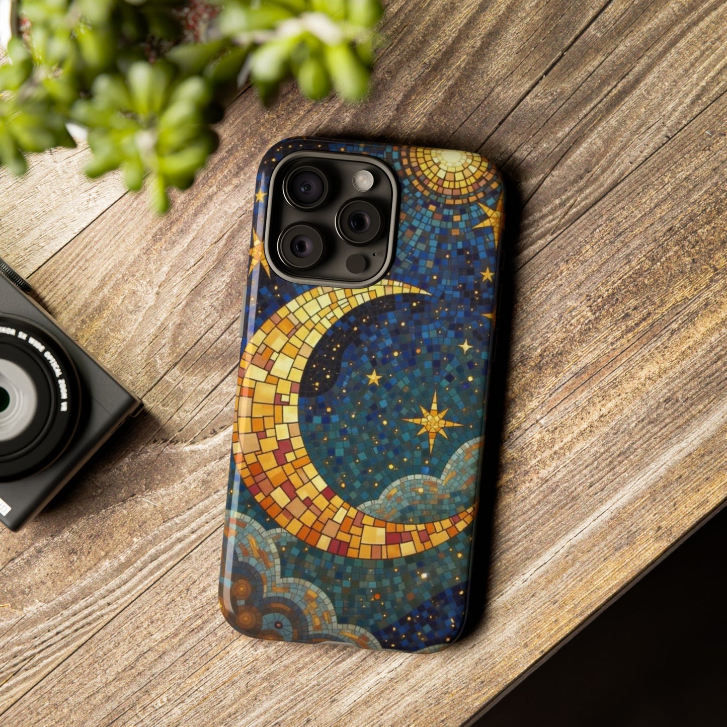 Golden Crescent: Mosaic Moon and Starry Night